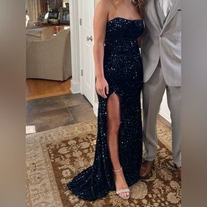 Strapless Navy Sequin Prom Gown with Front Slit